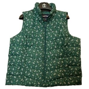 LANDS' END Puffer Vest Womens 1X, 16-18W Green Hyper Dry Paisley Down Insulated